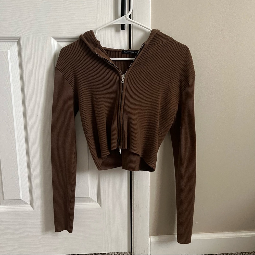 Brandy Melville Brown Ribbed Zip-Up Hoodie